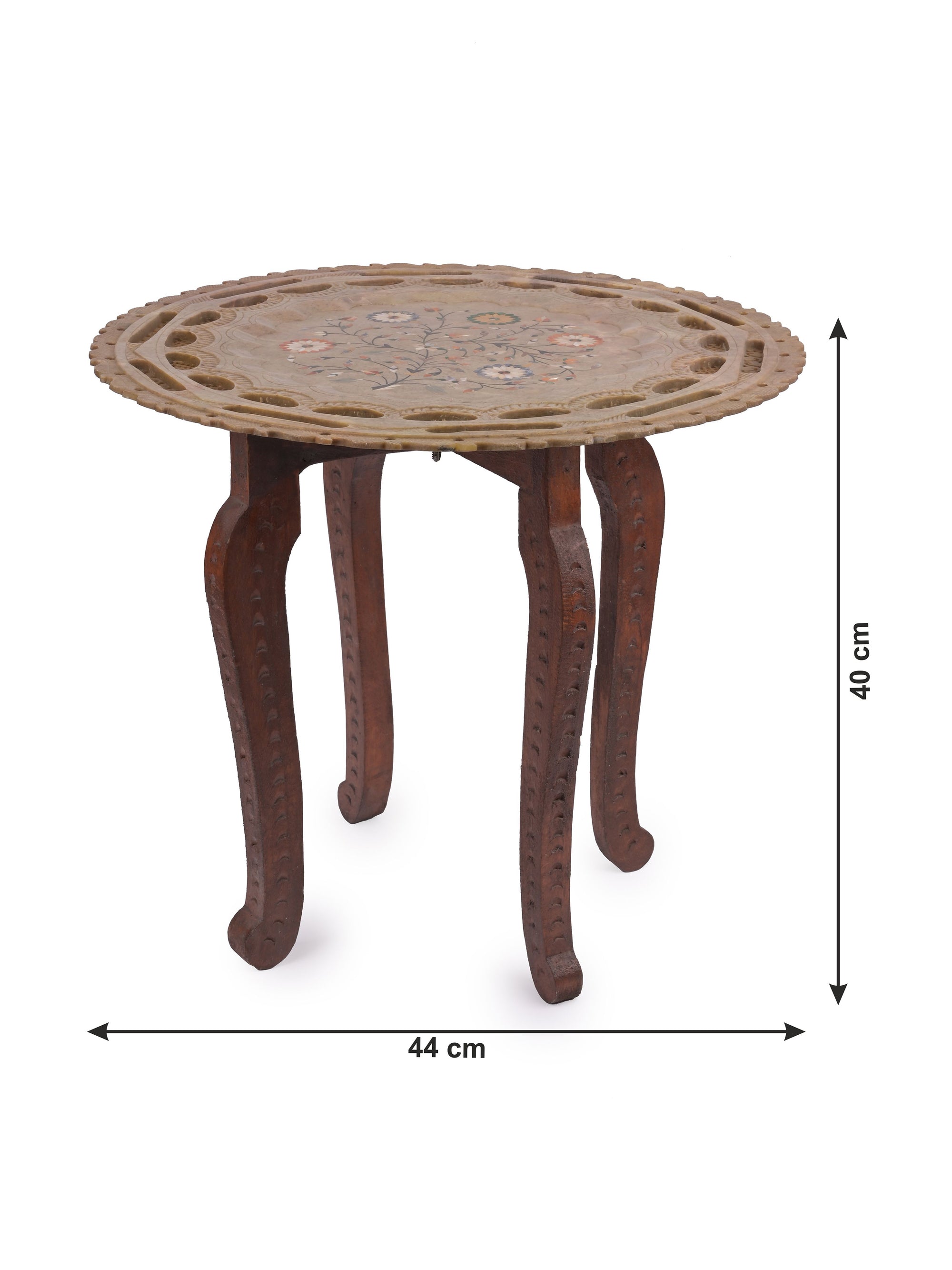 Side table made of hand crafted paleva stone top and wooden legs - The Heritage Artifacts