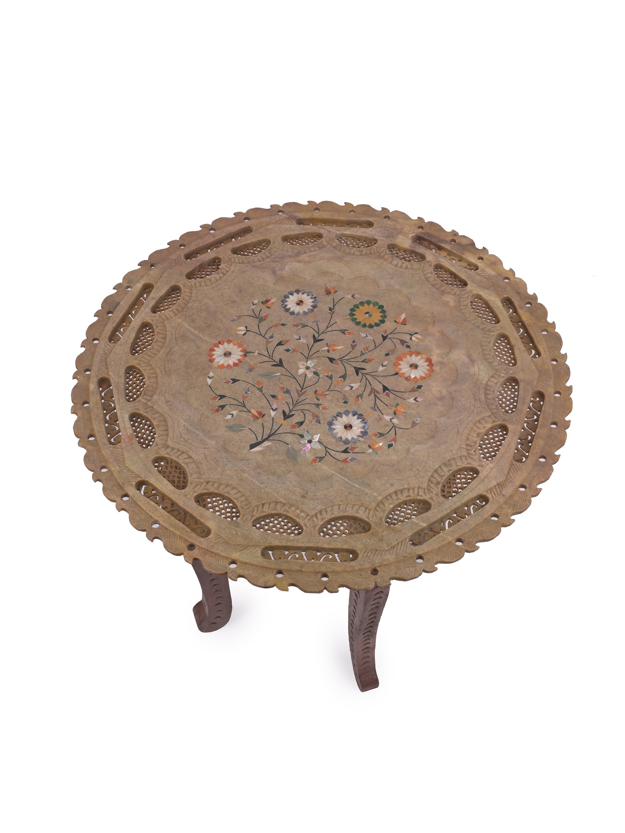 Side table made of hand crafted paleva stone top and wooden legs - The Heritage Artifacts