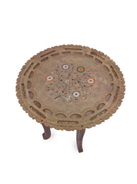 Side table made of hand crafted paleva stone top and wooden legs - The Heritage Artifacts