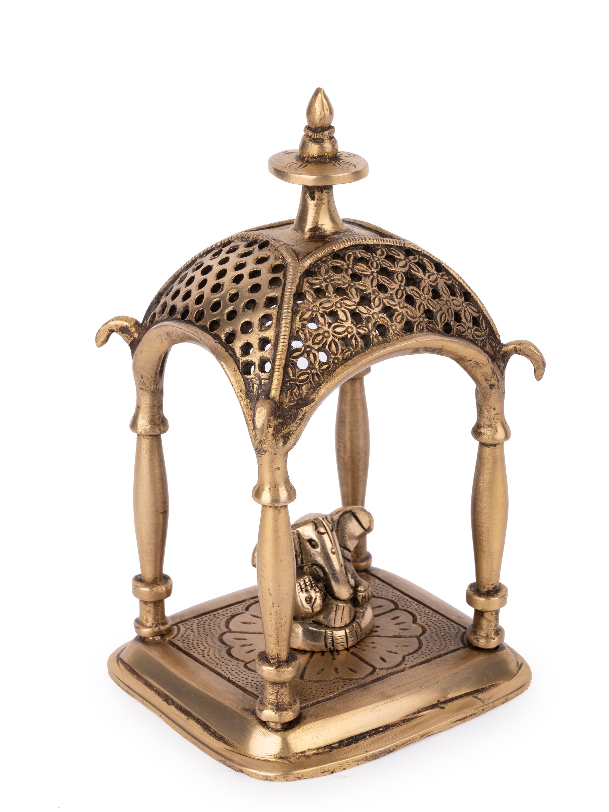 Small Temple Set with Cute Ganeshji figurine inside, made of Brass metal - 7 inches height - The Heritage Artifacts