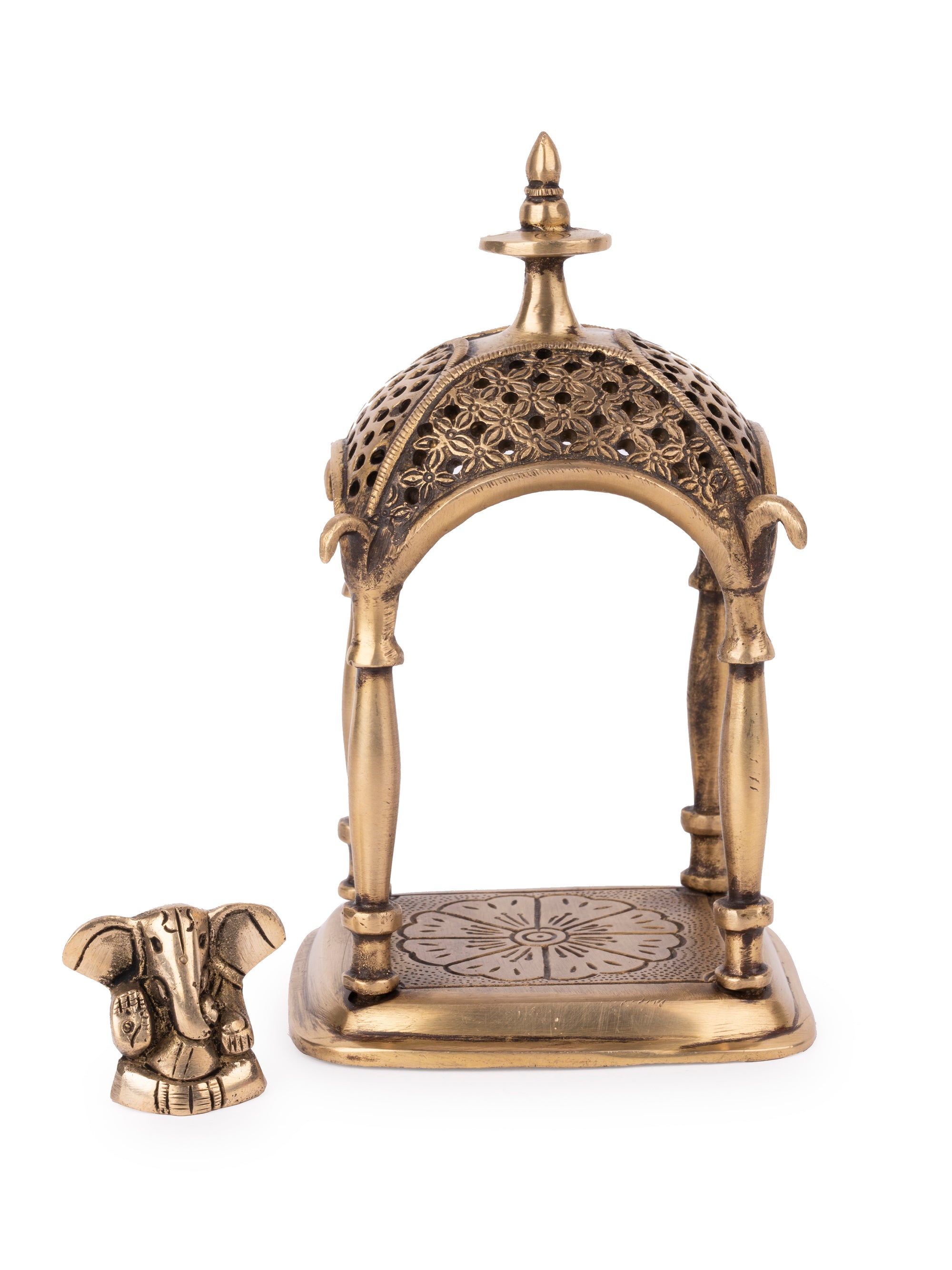 Small Temple Set with Cute Ganeshji figurine inside, made of Brass metal - 7 inches height - The Heritage Artifacts