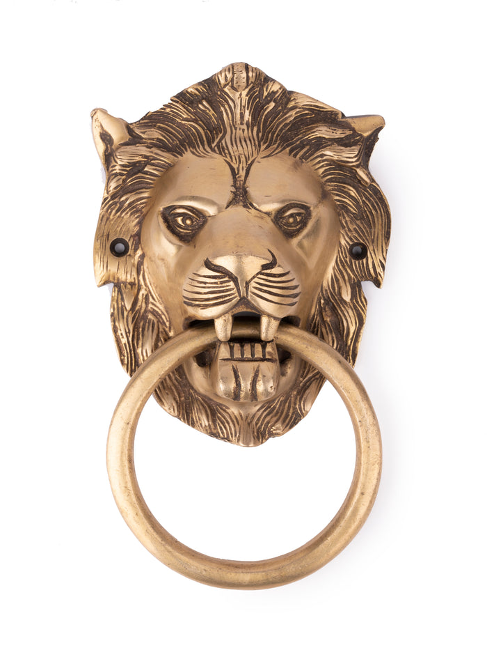 Brass Crafted Lion Head Door Knocker with Antique Finish - The Heritage Artifacts