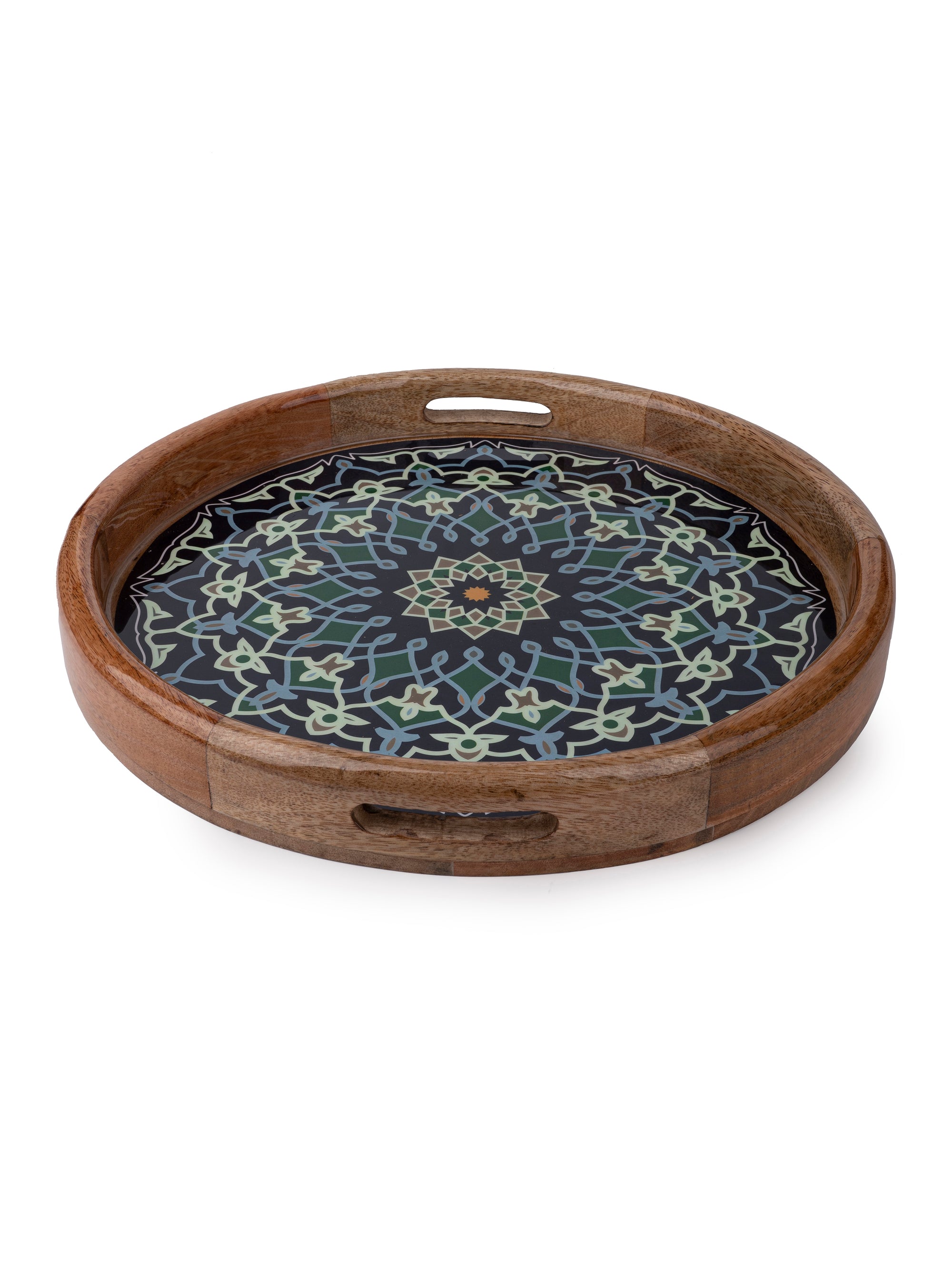 14 inches round Serving Tray with enamel printing on wood - The Heritage Artifacts