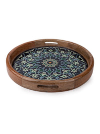 14 inches round Serving Tray with enamel printing on wood - The Heritage Artifacts