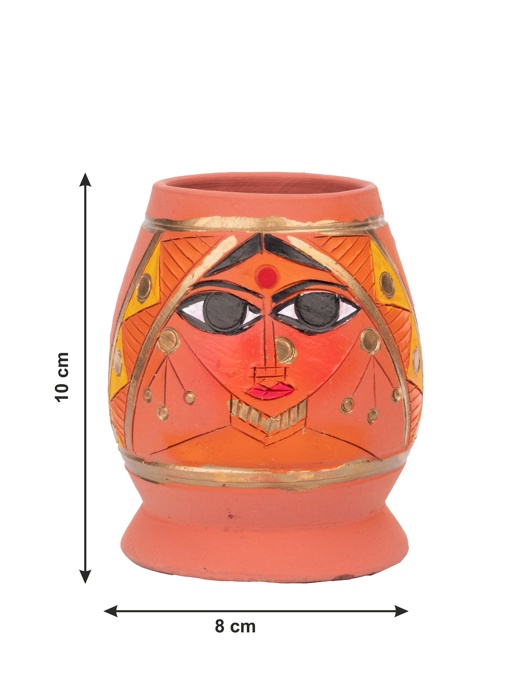 Terracotta Pen and Pencil Holder with Abstract Face Painting - 4 inches - The Heritage Artifacts