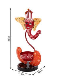 Handcrafted Metal Ganesh Tea light Holder in Red Color - 12 inches height - The Heritage Artifacts