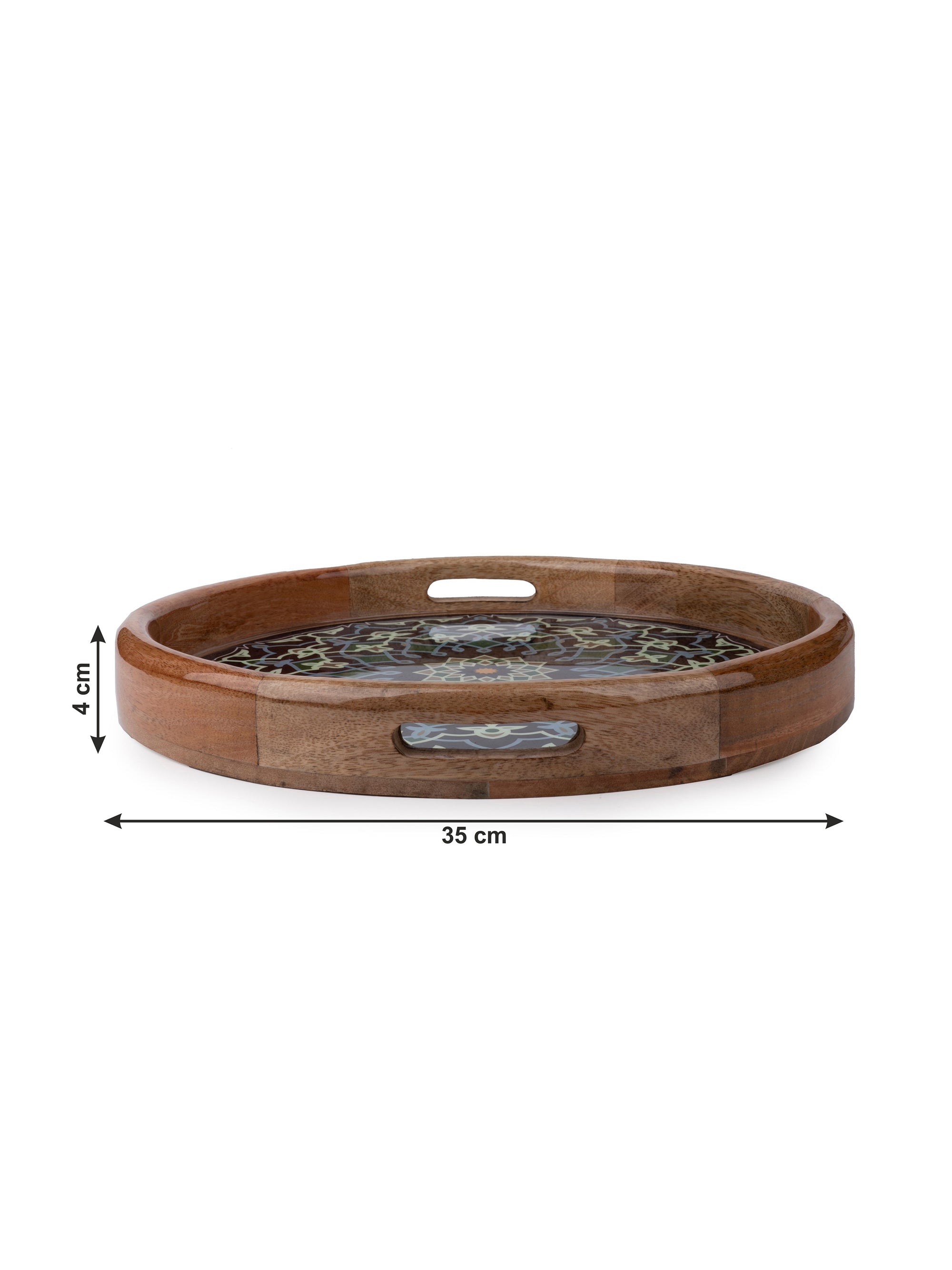 14 inches round Serving Tray with enamel printing on wood - The Heritage Artifacts