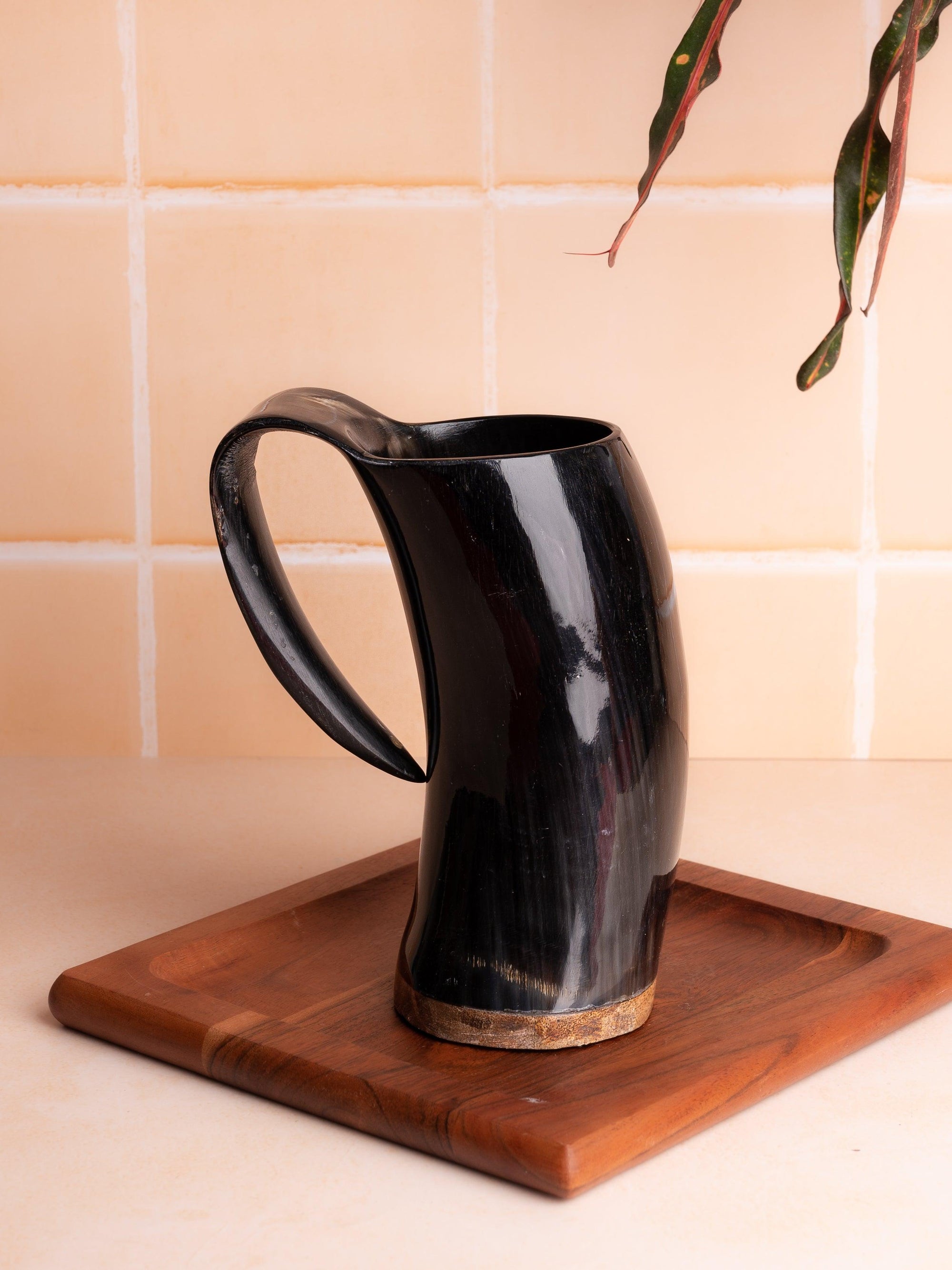 Natural Buffalo Horn Stylish Beer Mug with curved handle - 300 ml - The Heritage Artifacts