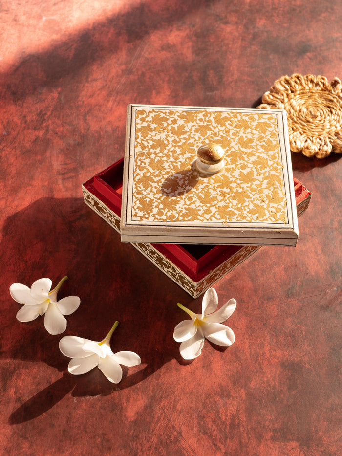White and Gold Square shaped small paper mache storage box - The Heritage Artifacts
