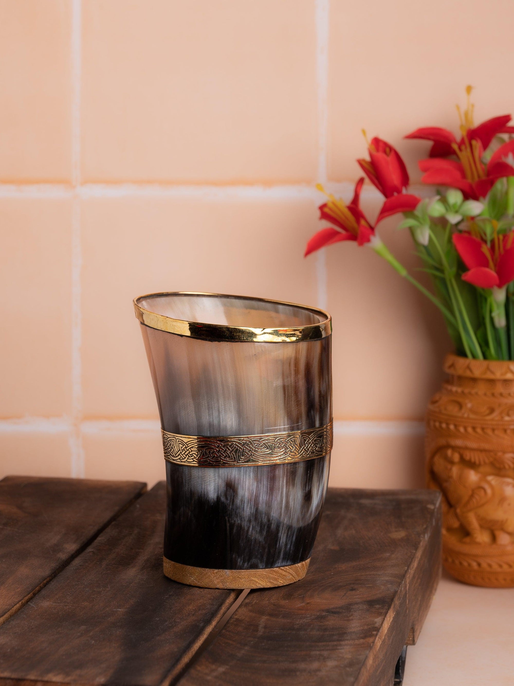 Natural Buffalo Horn Small Tumbler / Glass with Golden edge - 200 ml - The Heritage Artifacts