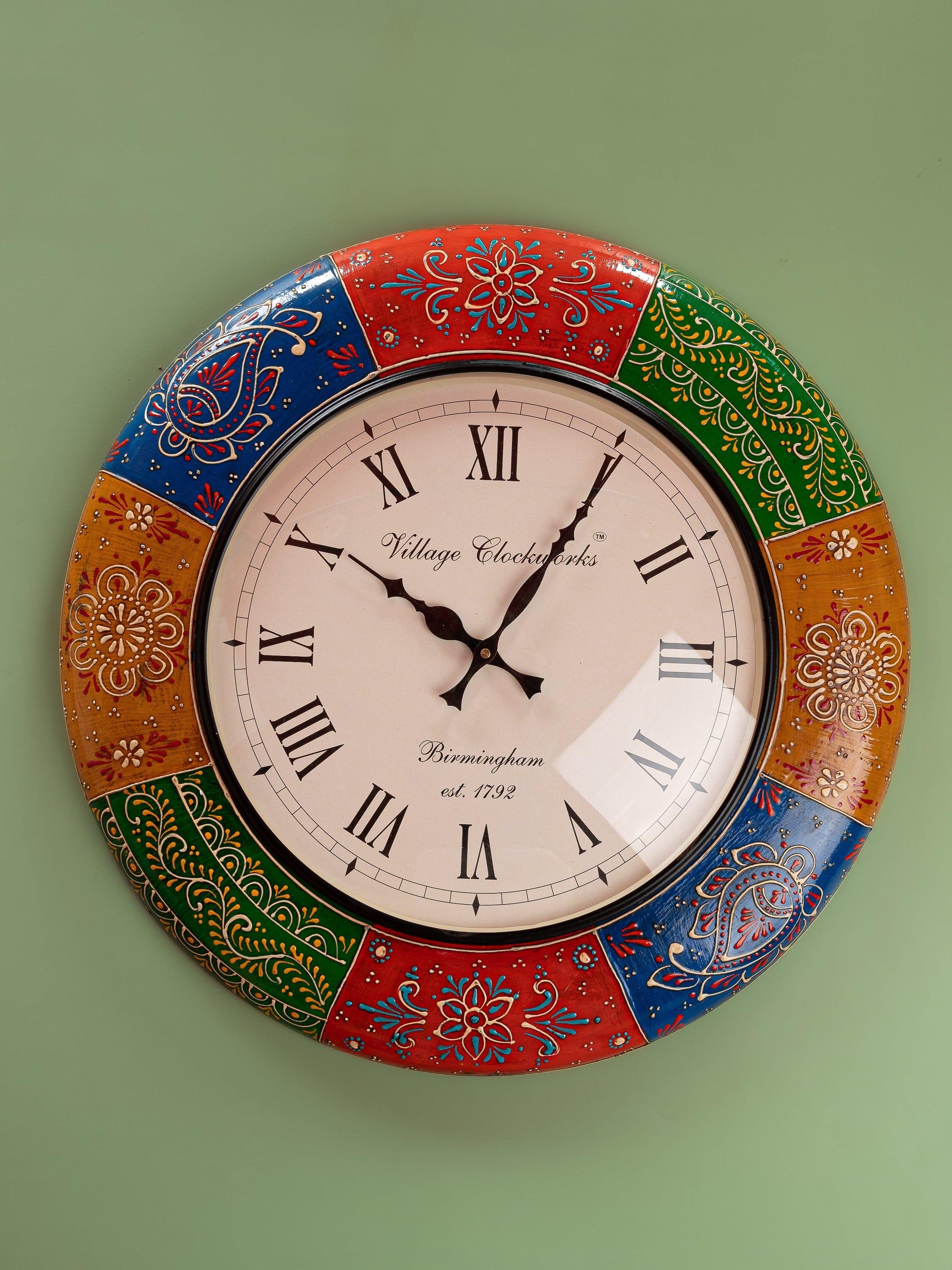 Rajasthani Art Colorful Meenakari Analogue Wall Clock - 17 inches dia - The Heritage Artifacts