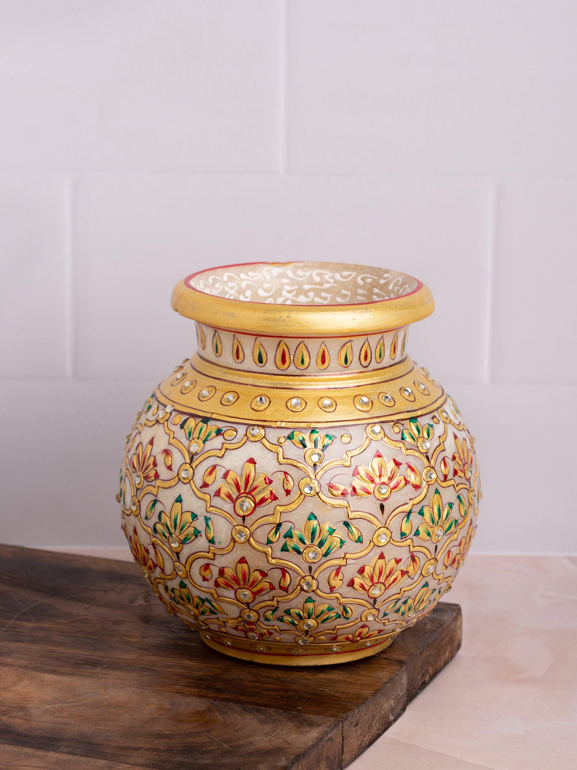 Traditional marble pitcher / kalash with meenakari painting - medium size - The Heritage Artifacts