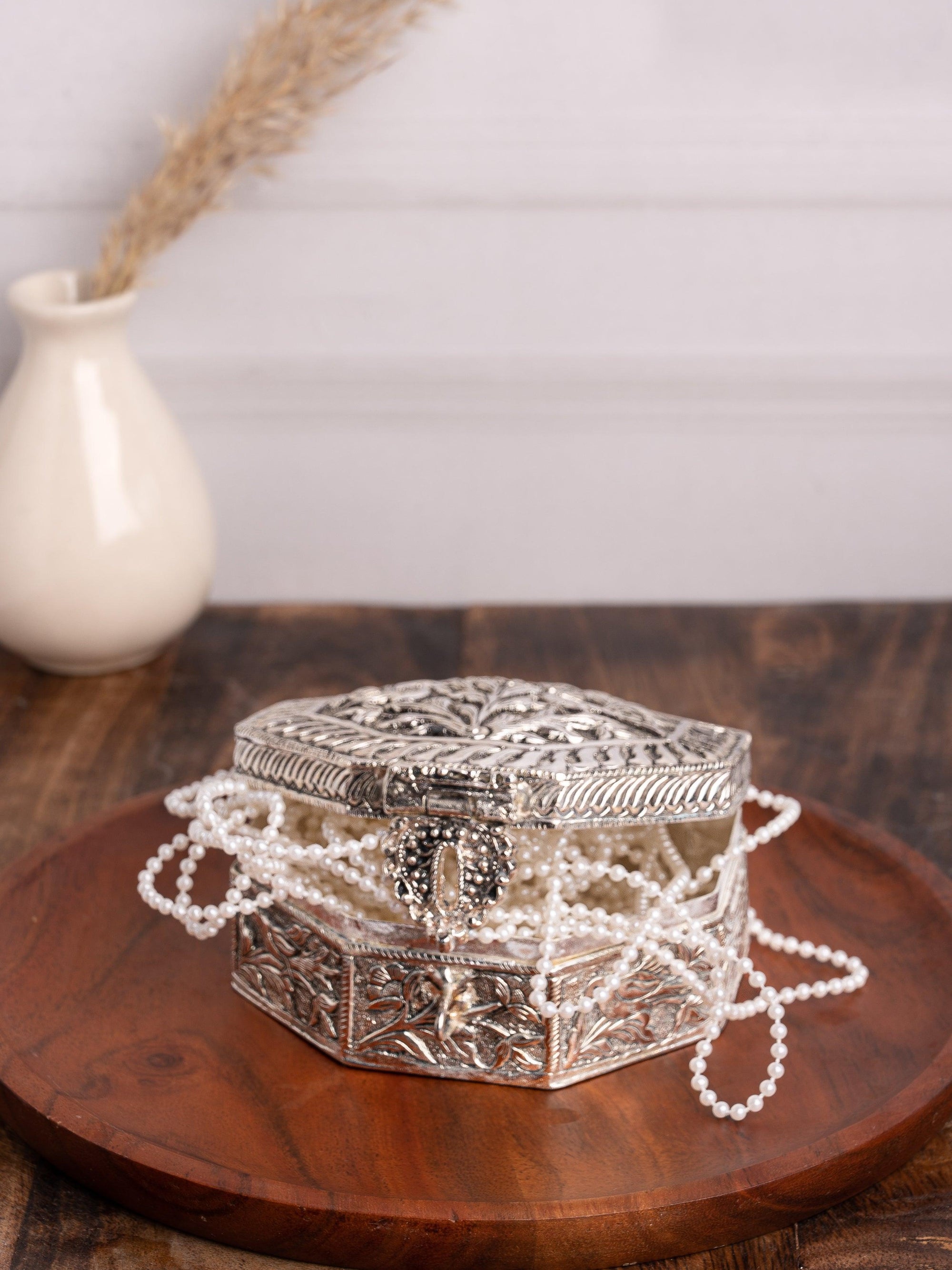 Hand crafted, Silver oxidised, Hexagonal Jewellery / Trinket box - The Heritage Artifacts