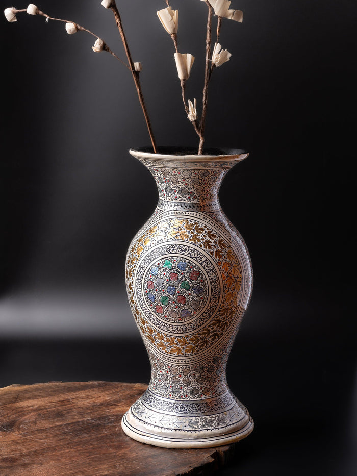 White and Gold Paper Mache Flower Vase - 14 inches height - The Heritage Artifacts