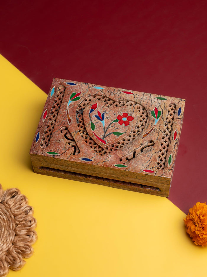Stone crafted Jewellery box made with combination of jali work and hand painting - The Heritage Artifacts