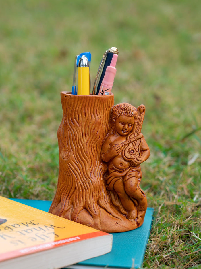Terracotta Pen Stand in Wooden Tree shape - 5 inches height - The Heritage Artifacts