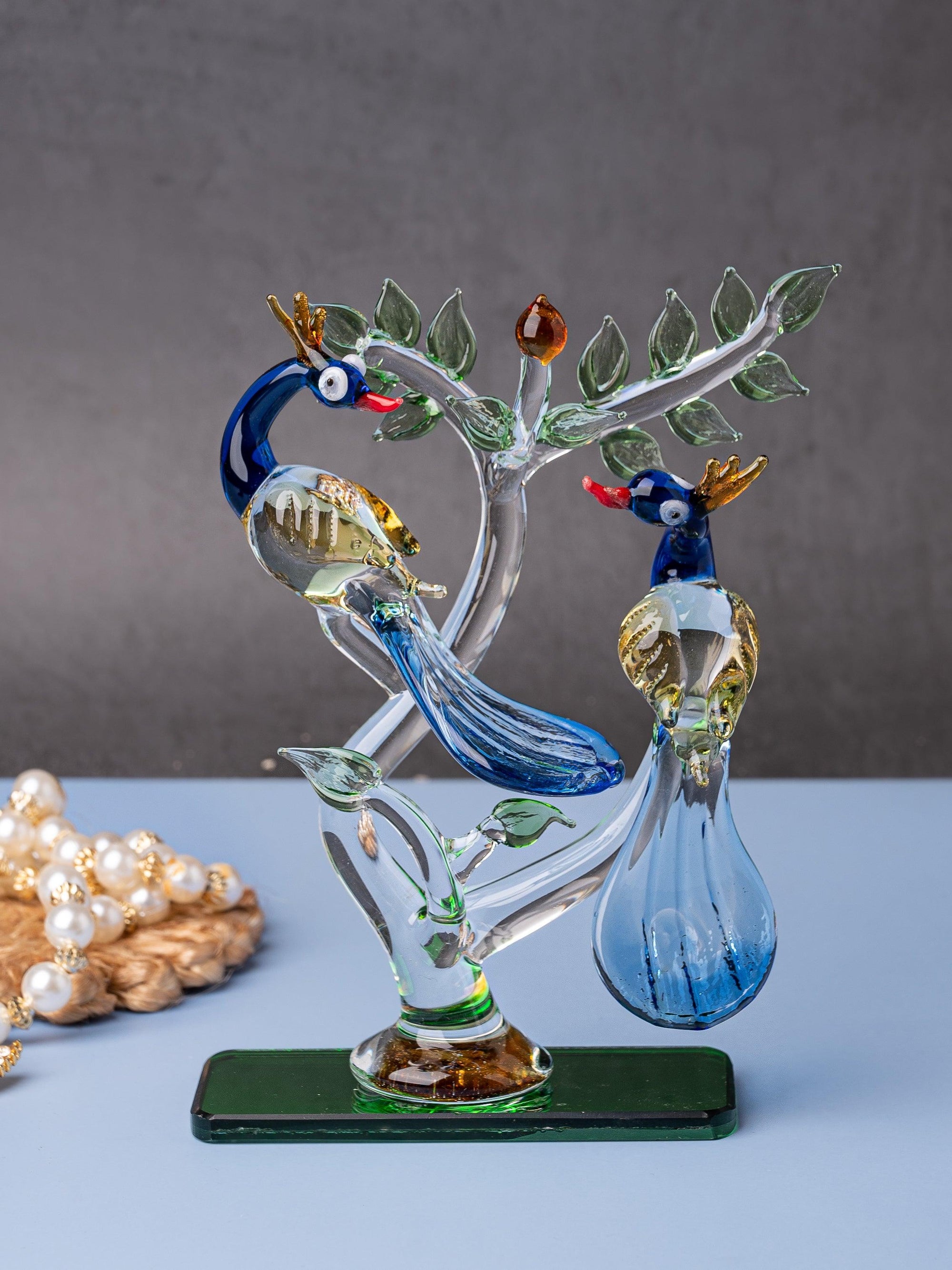 Colorful Glass showpiece, Pair of Blue Peacocks on a Tree - The Heritage Artifacts