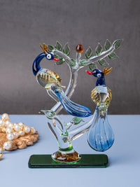Colorful Glass showpiece, Pair of Blue Peacocks on a Tree - The Heritage Artifacts