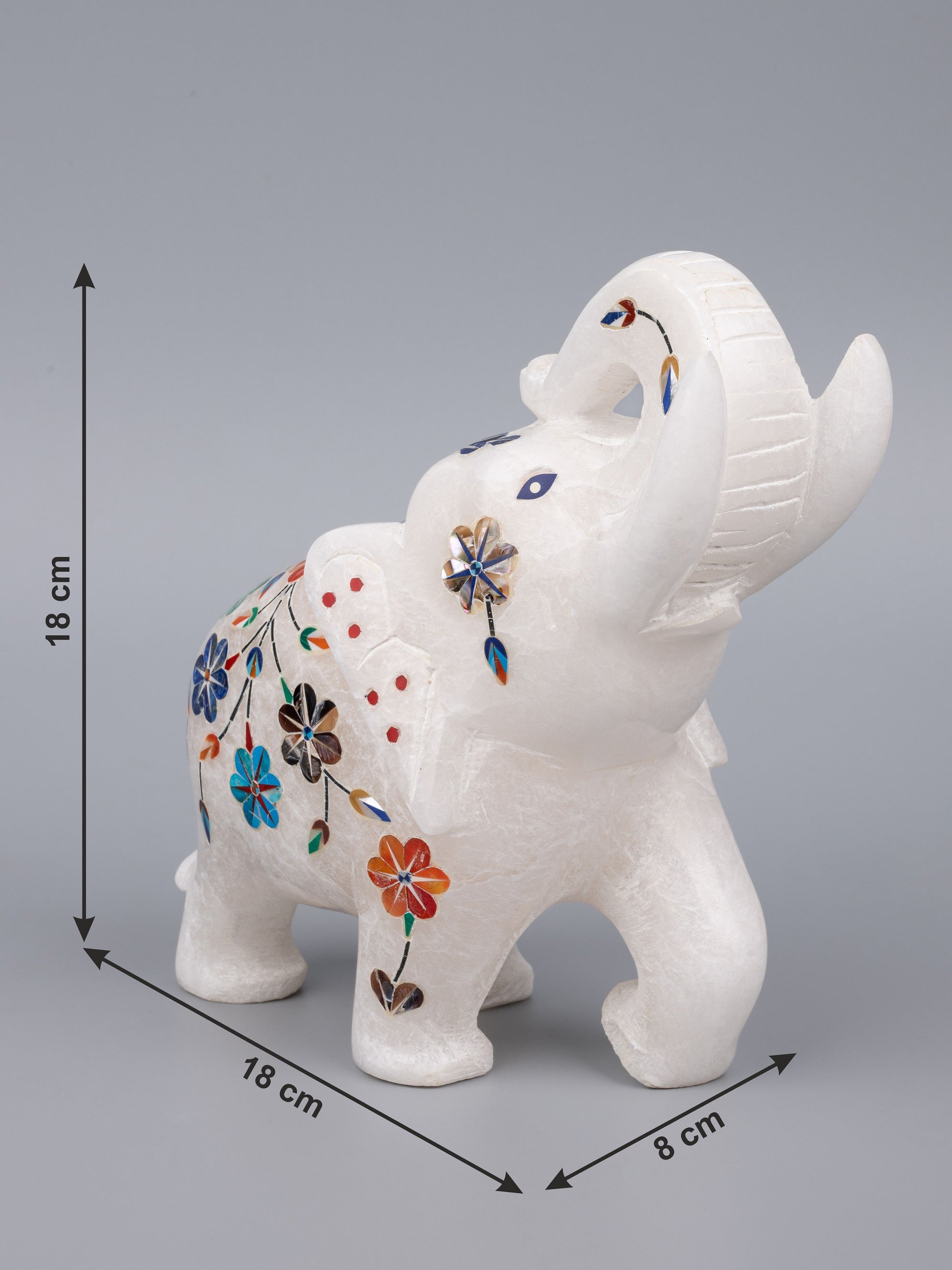 Hand carved, trunk-up marble elephant with colorful inlay work - The Heritage Artifacts