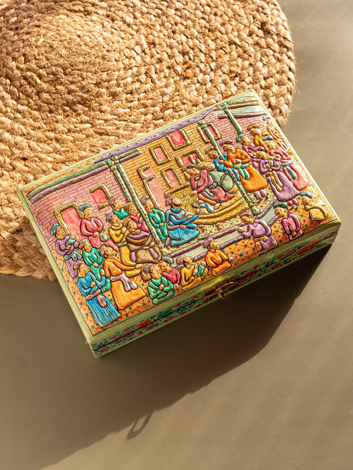 Paper Mache Jewellery box with Mughal Courtyard design embossed - The Heritage Artifacts