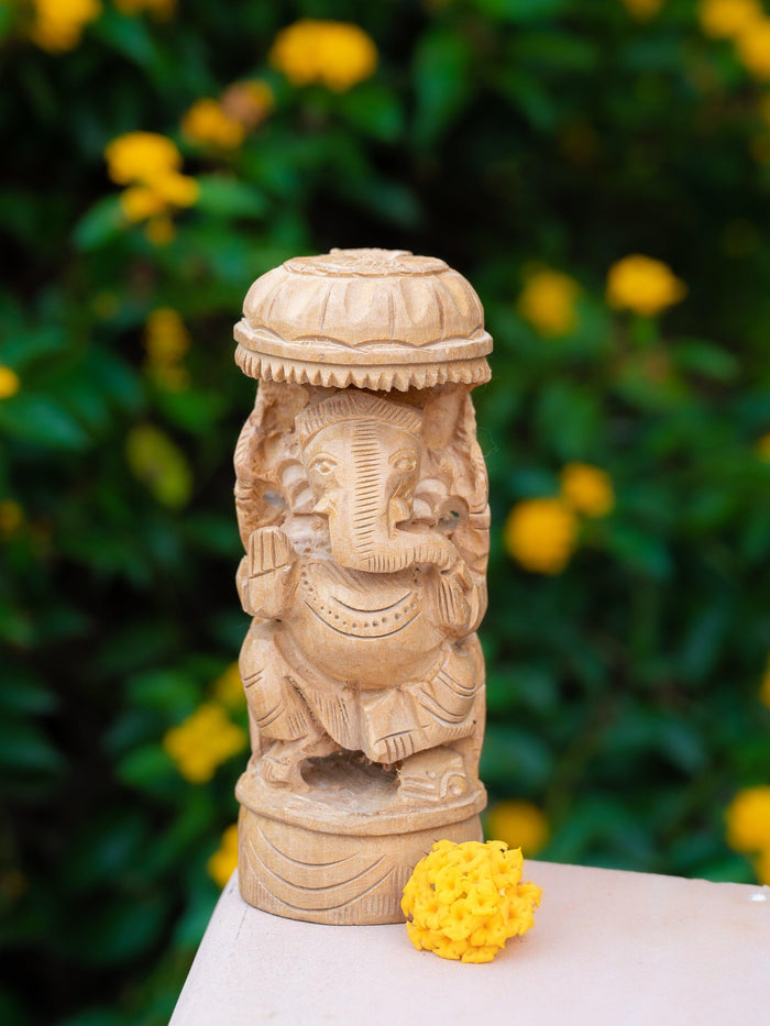 Kadam wood carved round shaped Lord Ganesh with Chatri / Umbrella - 5 inches in height - The Heritage Artifacts
