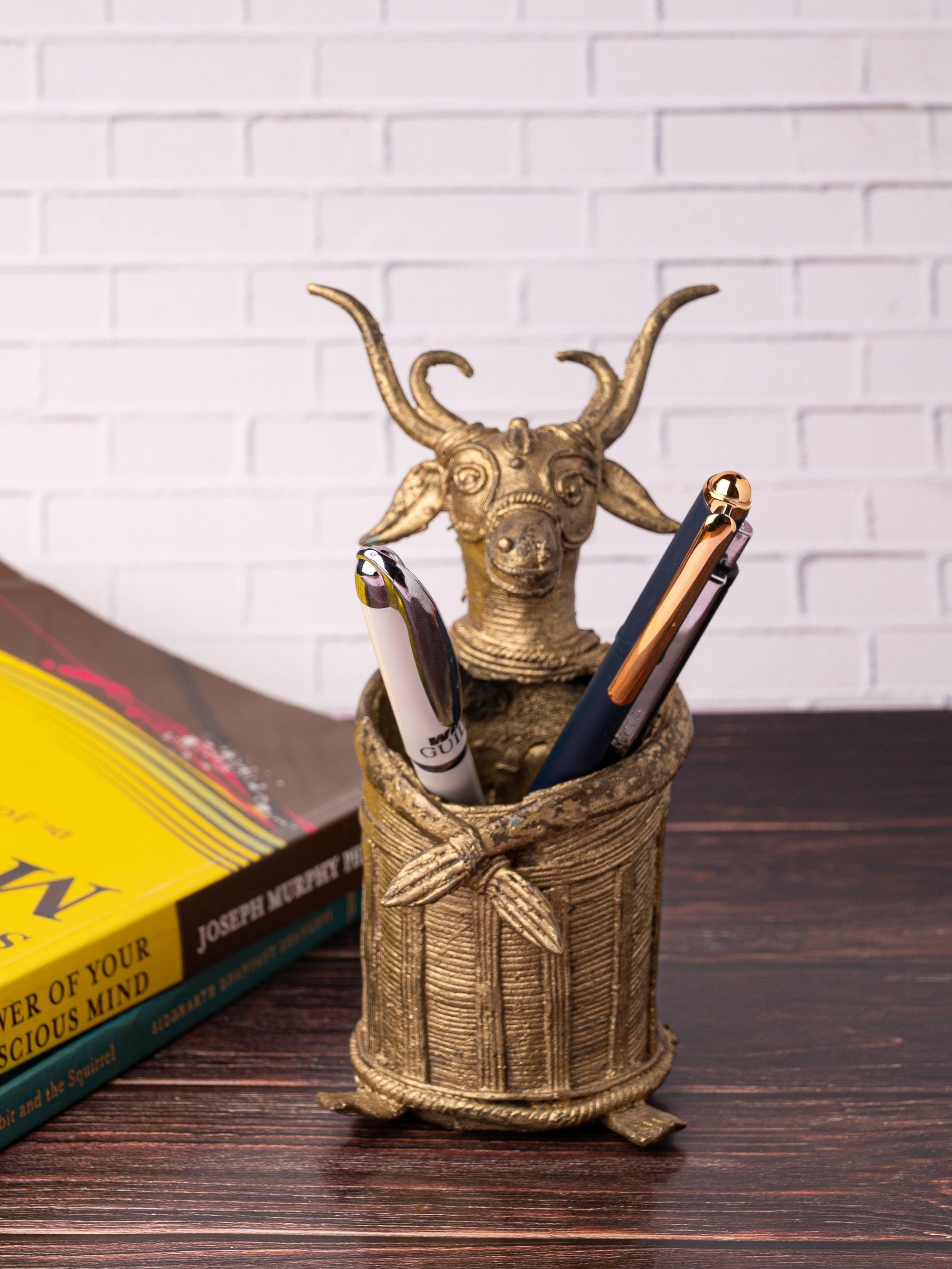 Dokra Craft Buffalo Face, Pen / Pencil Holder made of Brass metal - The Heritage Artifacts