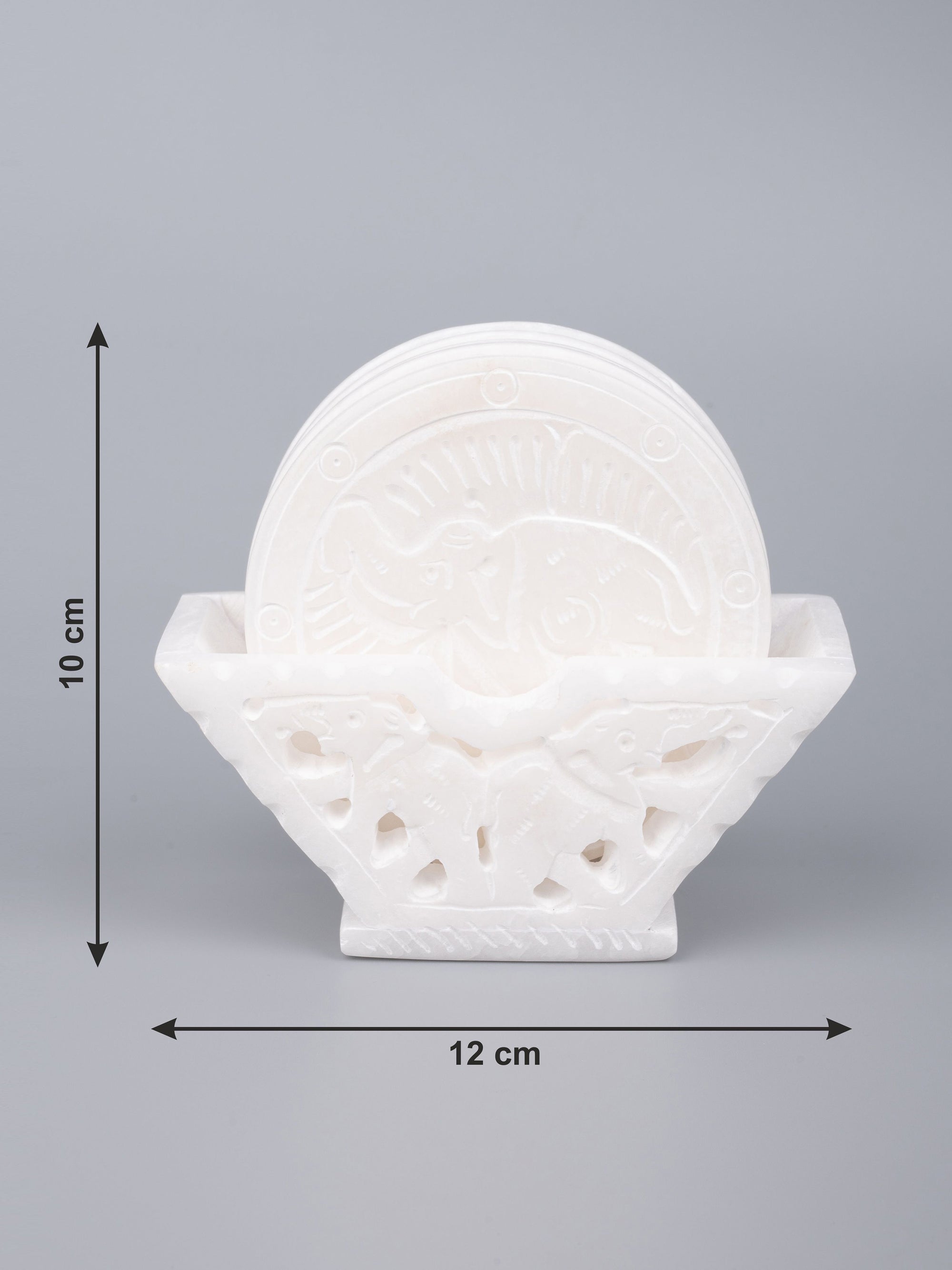 Marble hand carved set of 6 white coasters with stand in pure white color - The Heritage Artifacts