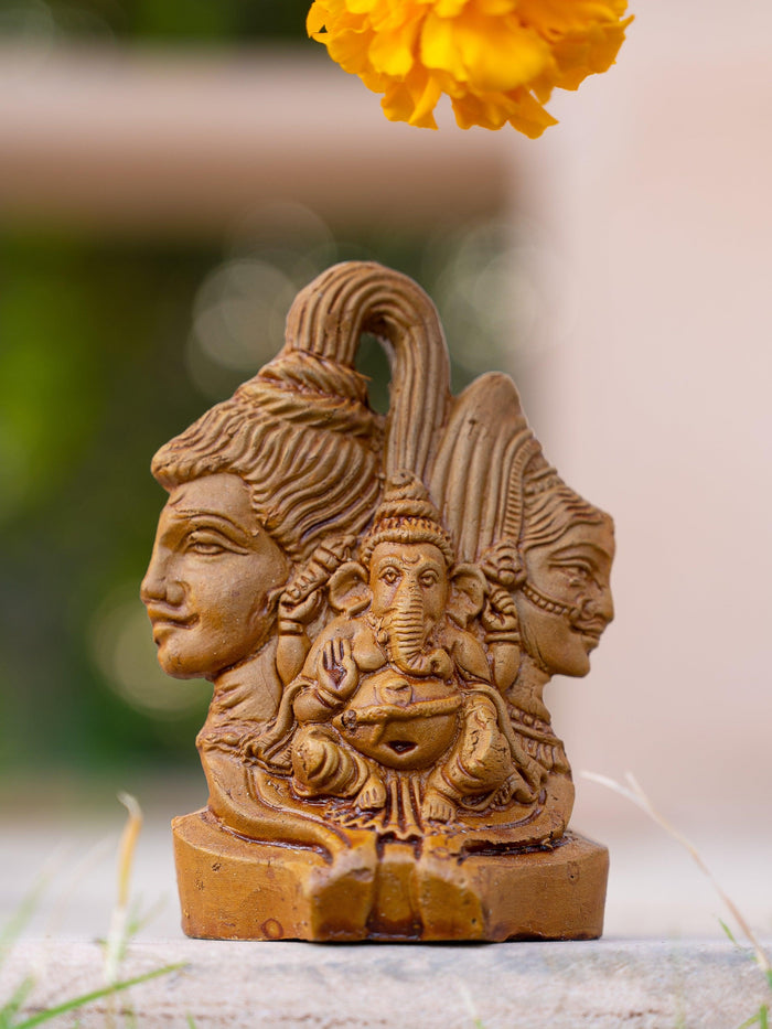 Terracotta Small Figurine of Shiva Parvati & Ganesh - 4 inches height - The Heritage Artifacts
