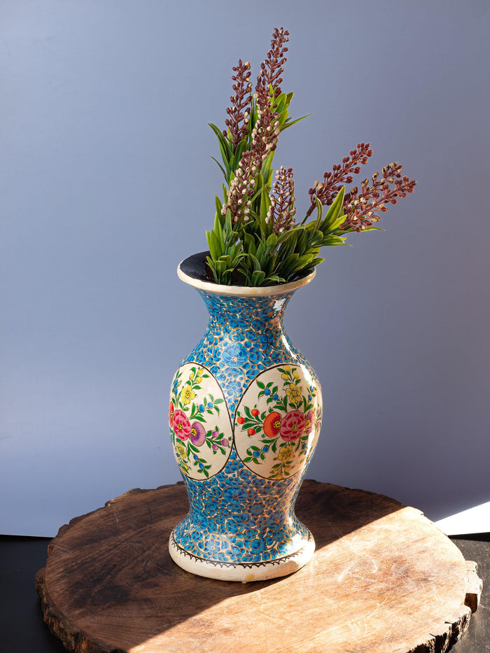 10 inches Paper Mache Vase with Blue and White floral painting - The Heritage Artifacts