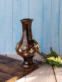 Wooden flower vase with brass decoration - 12 inches in height - The Heritage Artifacts