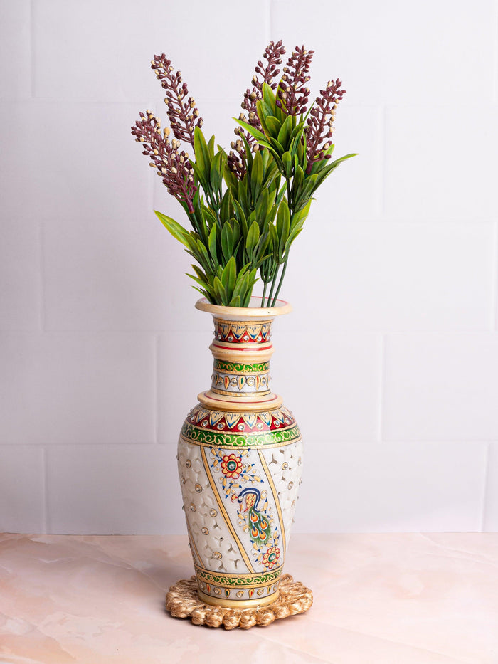 9 inches designer marble flower vase with blue peacock design - The Heritage Artifacts