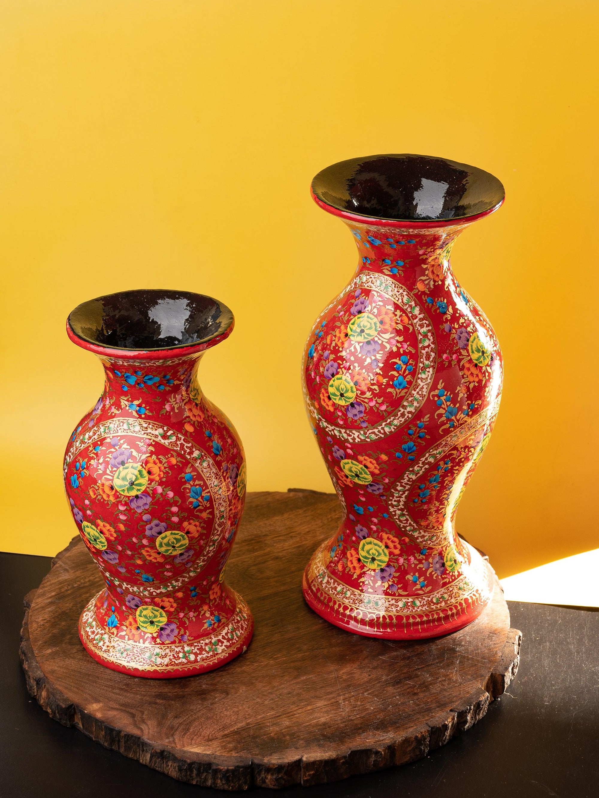 10 inches Paper Mache Vase with Floral Motifs on Red background - The Heritage Artifacts