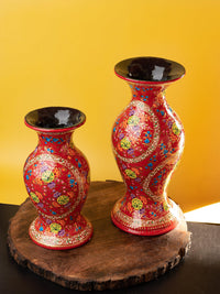 10 inches Paper Mache Vase with Floral Motifs on Red background - The Heritage Artifacts