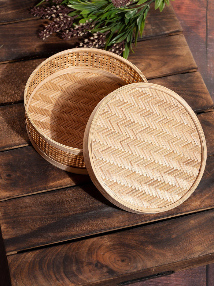 Shantiniketan Art - Bamboo Weave Round Storage Box with Lid - The Heritage Artifacts