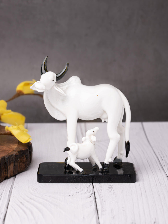 Glass centerpiece, Kamdhenu cow with calf in white color - The Heritage Artifacts