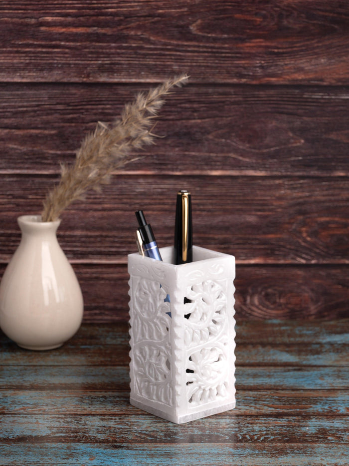 White marble crafted pen holder - The Heritage Artifacts