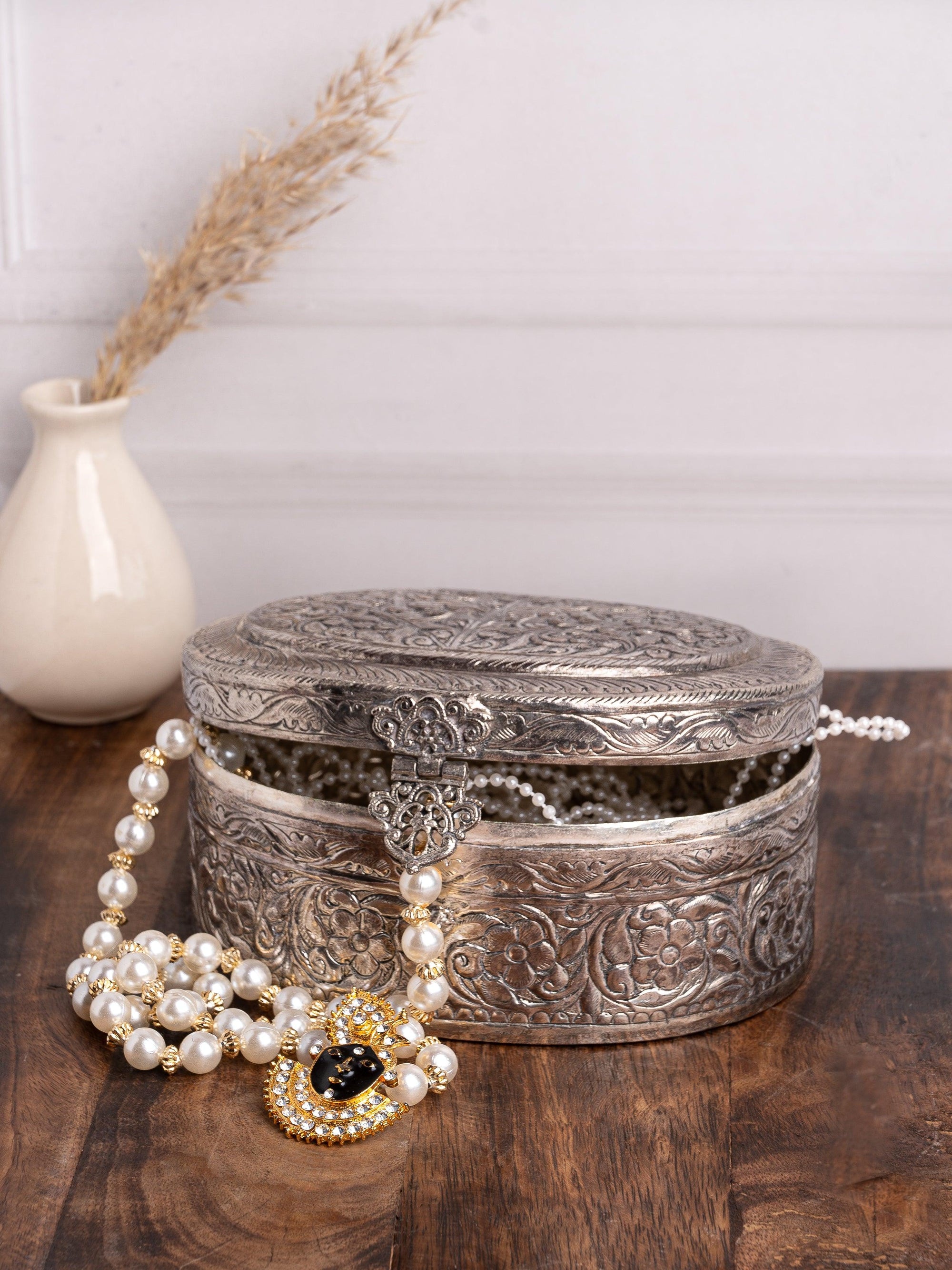 Brass crafted oval Jewellery box with oxidised silver finish - The Heritage Artifacts