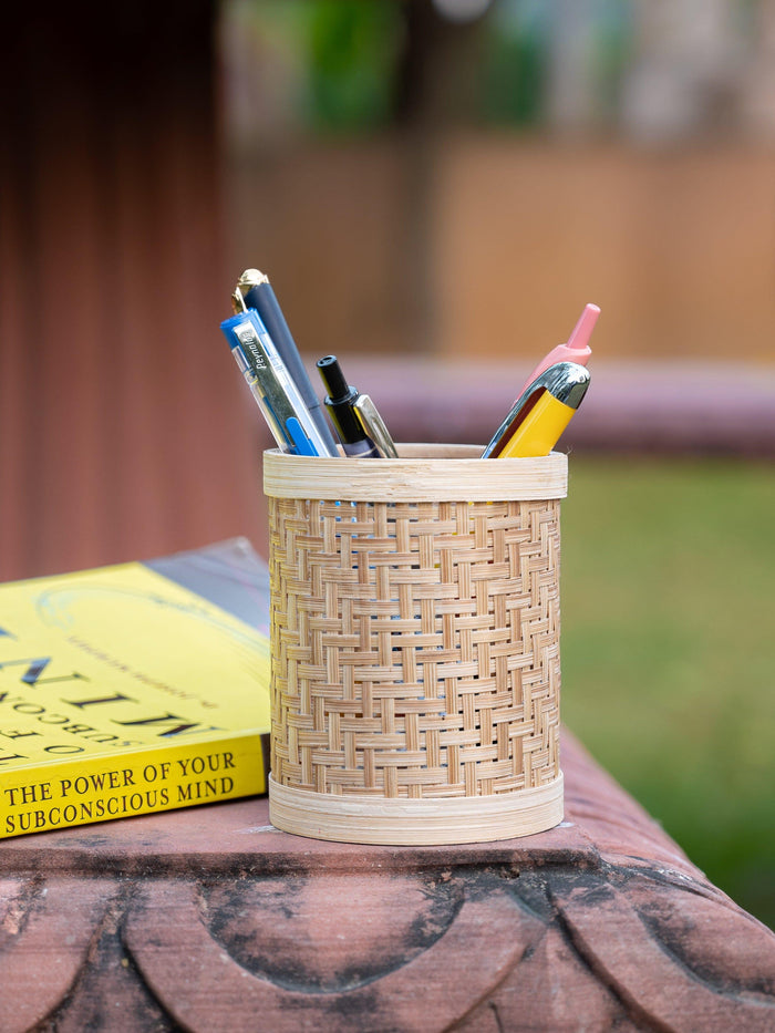 Shantiniketan Art - Bamboo Weave Pen / Pencil Stand for Home Office - The Heritage Artifacts