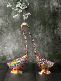 Zinc Metal Handcrafted Pair of Swan Colorful Showpiece - 8 inches height - The Heritage Artifacts