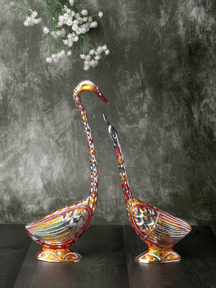 Zinc Metal Handcrafted Pair of Swan Colorful Showpiece - 8 inches height - The Heritage Artifacts