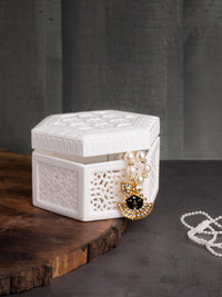 White marble crafted jewelry box in hexagonal shape - The Heritage Artifacts