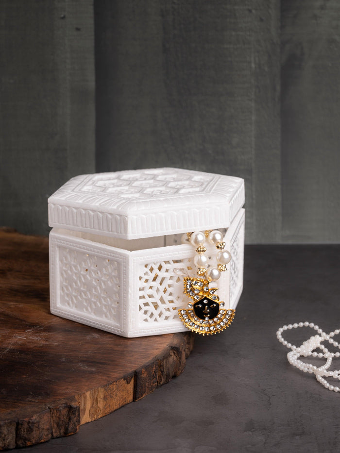 White marble crafted jewelry box in hexagonal shape - The Heritage Artifacts