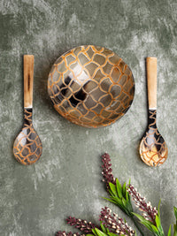 Natural Buffalo Horn Checkered Serving Bowl With Spoon and Fork Set - 6 inches dia - The Heritage Artifacts