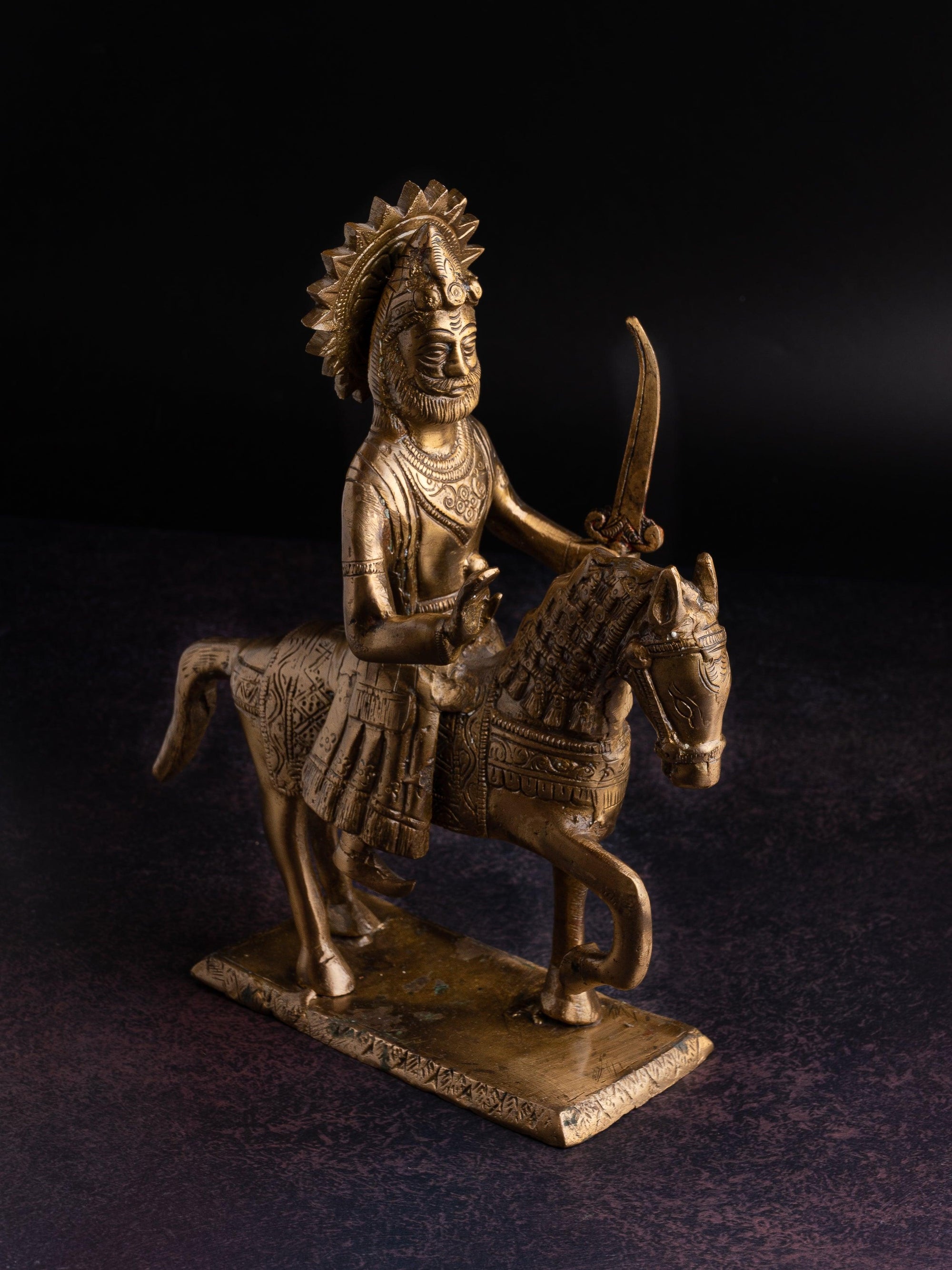 Antique Brass Statue of Maharaja Agrasen riding horse with a open sword in hand - The Heritage Artifacts
