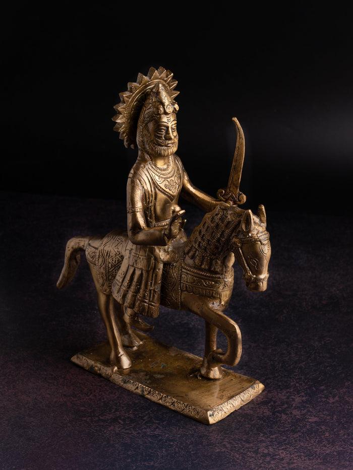 Antique Brass Statue of Maharaja Agrasen riding horse with a open sword in hand - The Heritage Artifacts