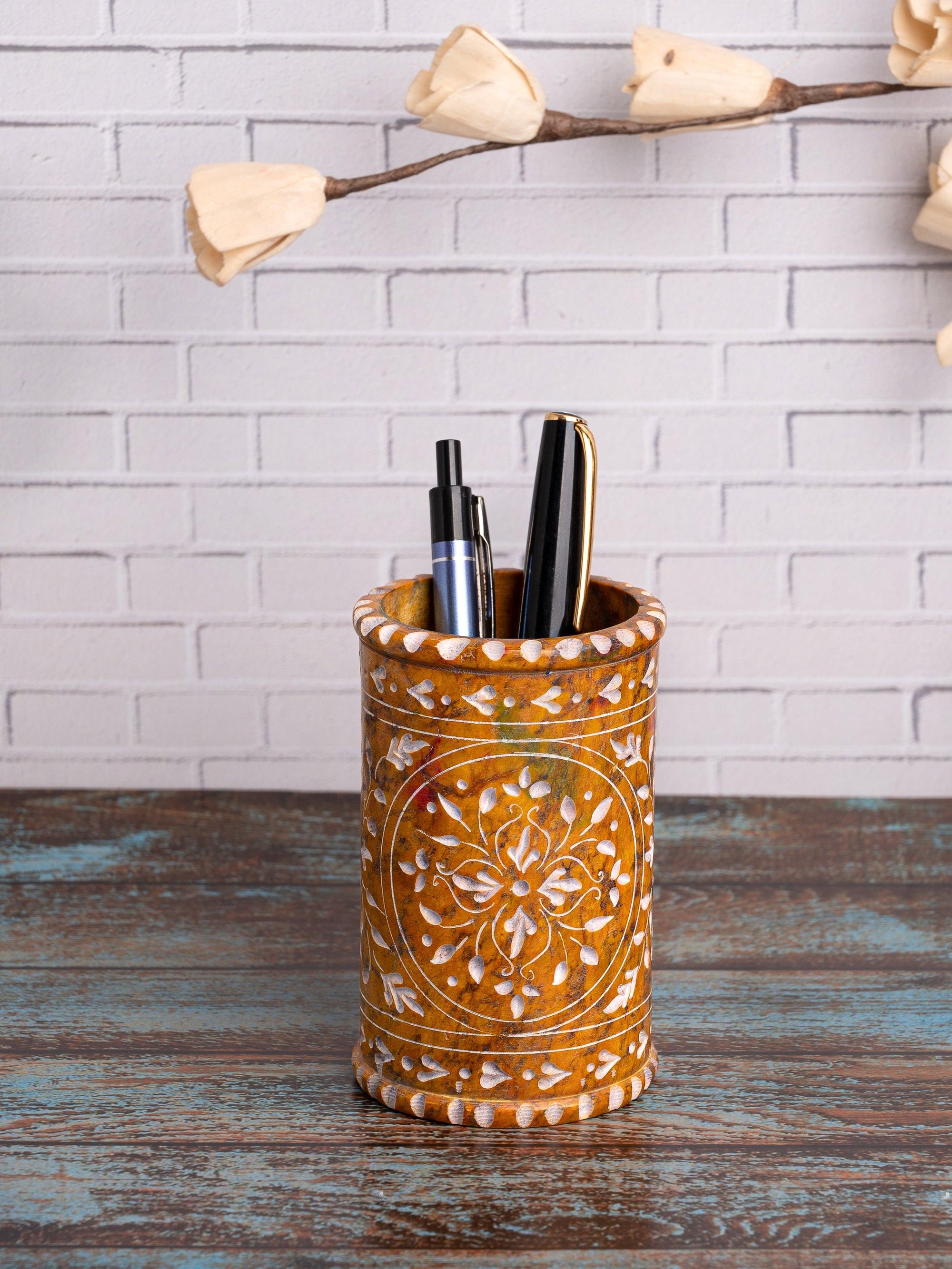 Hand crafted soap stone pen holder in yellow color - The Heritage Artifacts