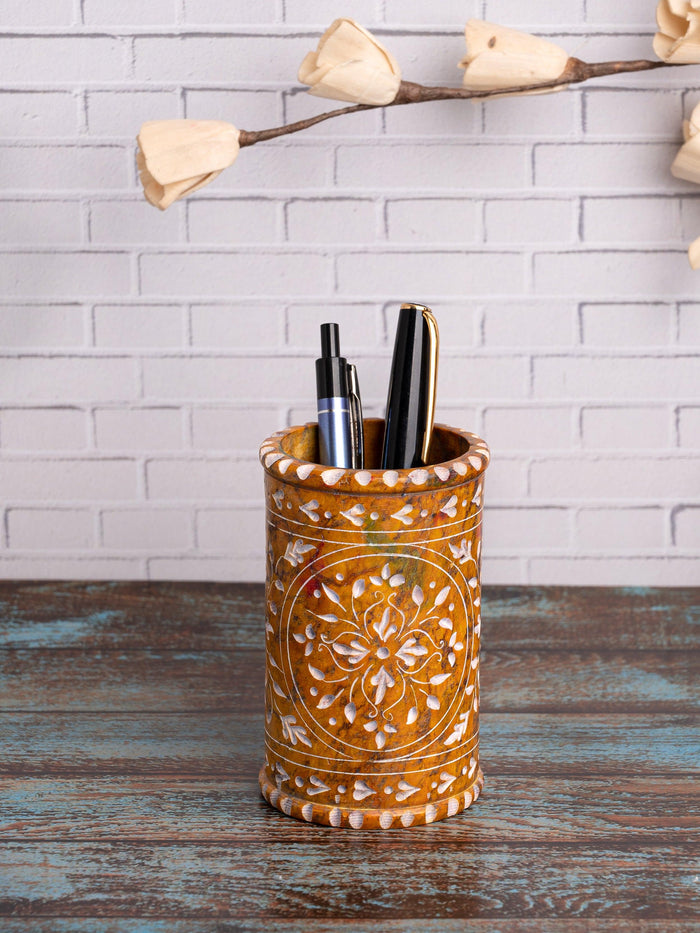Hand crafted soap stone pen holder in yellow color - The Heritage Artifacts