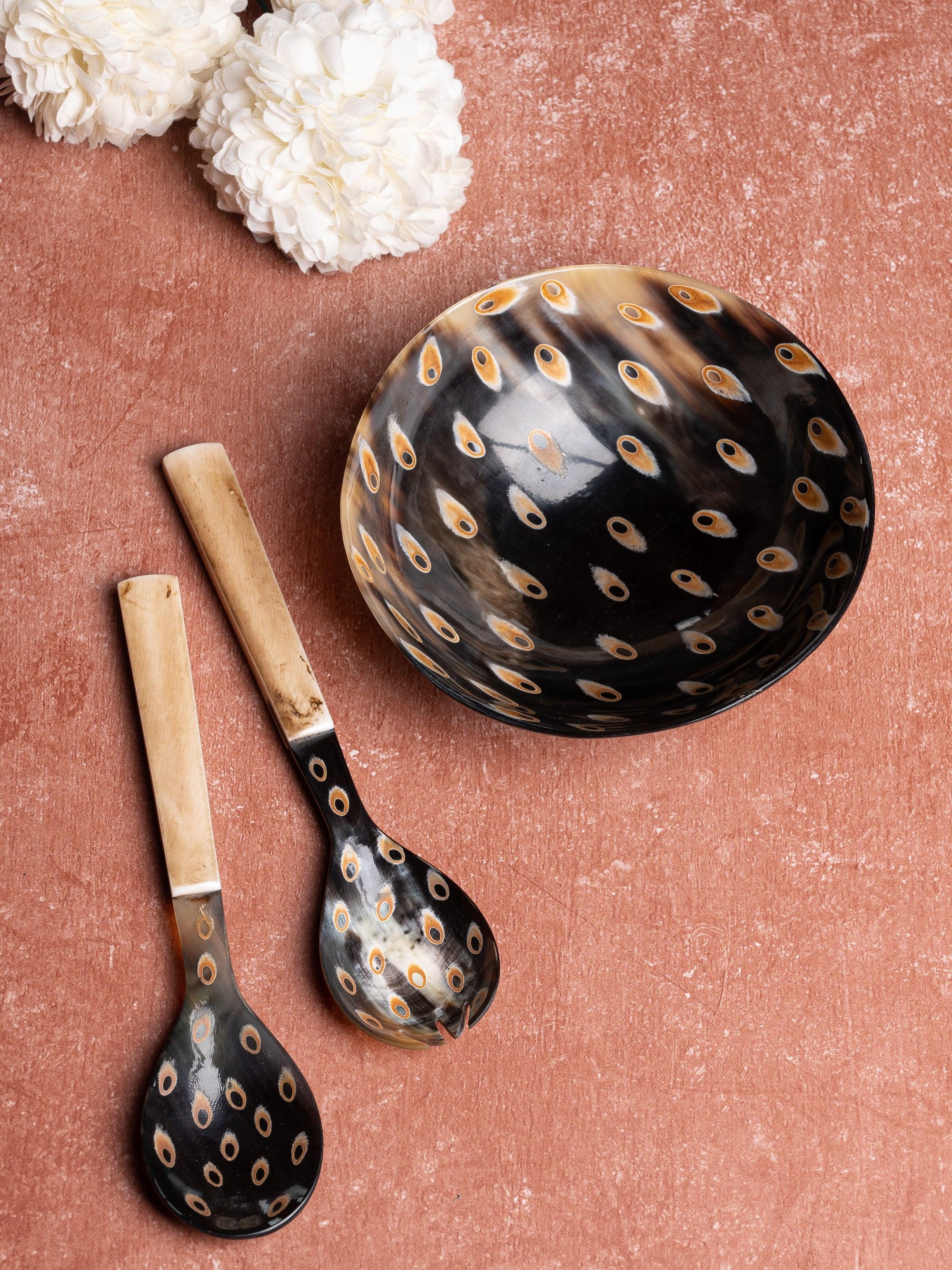Natural Buffalo Horn Dotted Serving Bowl With Spoon and Fork Set - 6 inches dia - The Heritage Artifacts