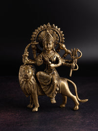 Brass idol of Goddess Durga / Sherawali Mata riding on a Lion - The Heritage Artifacts