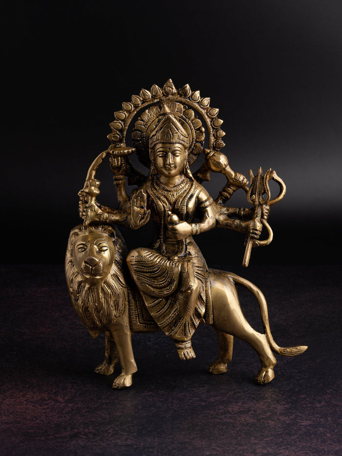 Brass idol of Goddess Durga / Sherawali Mata riding on a Lion - The Heritage Artifacts